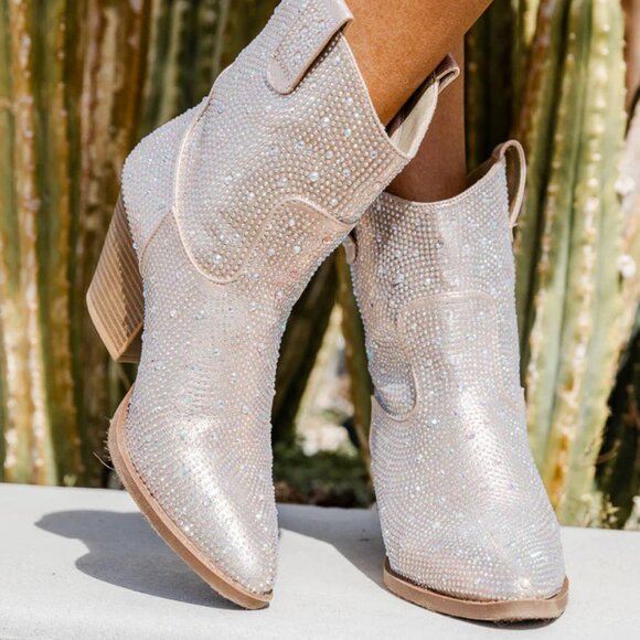 New Rhinestone Pointed Toe Cowgirl/Cowboy Western Ankle Boots Booties Block Heel - Picture 4 of 6